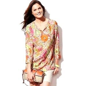 Talbots 100% Silk Floral Paisley Tunic Top Pink Size L